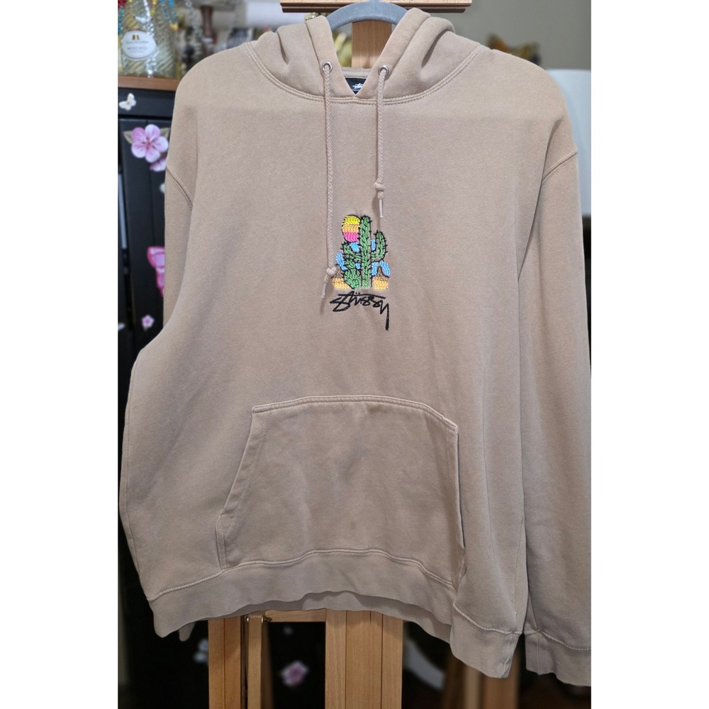 Vintage Stussy Desert Cactus Embroidered Hoodie Tan Sand Large Streetwear
